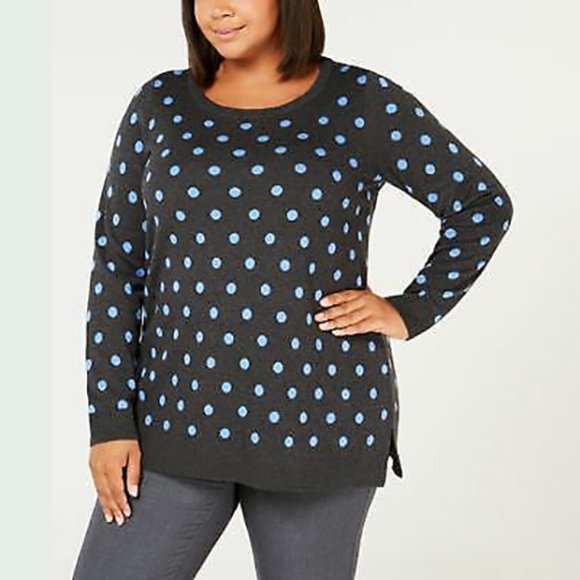 Charter Club Sweater Womens Plus Gray Polka Dot Crewneck Long Sleeve Pullover - Picture 1 of 8